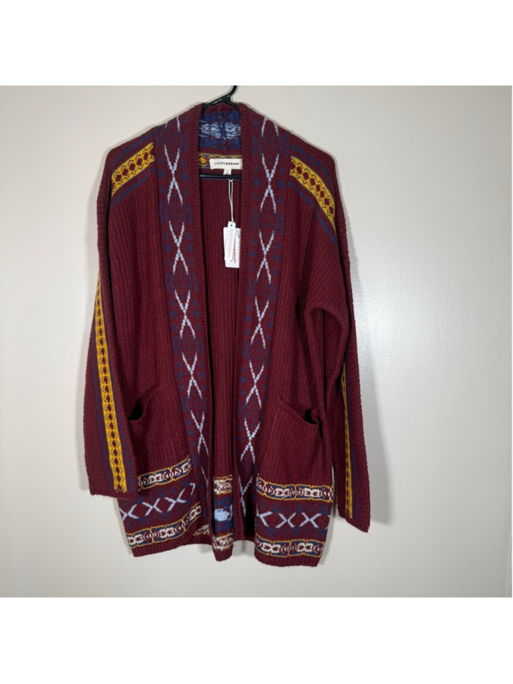 Lucky Brand Southwestern Aztec Knit Open Cardigan Grandpa Sweater L NWT